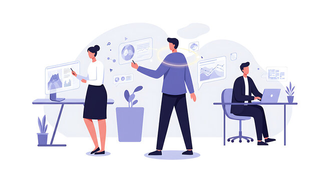 Business Professionals Collaborating on Data Analytics with Interactive Digital Interfaces and Augmented Reality