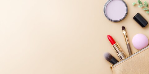 Makeup essentials arranged in a stylish cosmetic bag on a soft beige background, featuring brushes, lipstick, and powder, perfect for beauty enthusiasts and makeup lovers