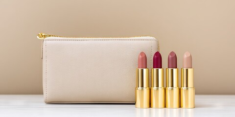 Collection of four vibrant lipsticks in gold tubes displayed beside a stylish beige cosmetic pouch on a clean white surface, showcasing beauty and elegance in makeup presentation
