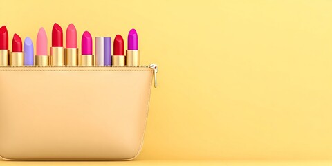 Collection of vibrant lipsticks in a stylish cosmetic bag against a bright yellow background, showcasing a variety of colors and textures for beauty enthusiasts and makeup lovers