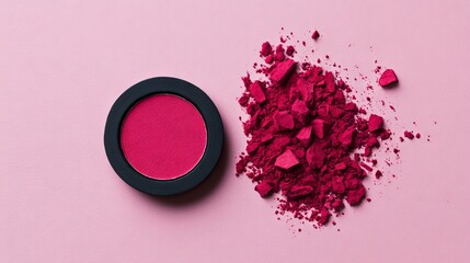 Bright pink blush powder in a black compact sits beside loose crushed powder on a soft pink background, showcasing vibrant color and texture for beauty and makeup applications