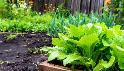 Lush green lettuce plants thrive in a raised garden bed, surrounded by other vibrant garden vegetables.