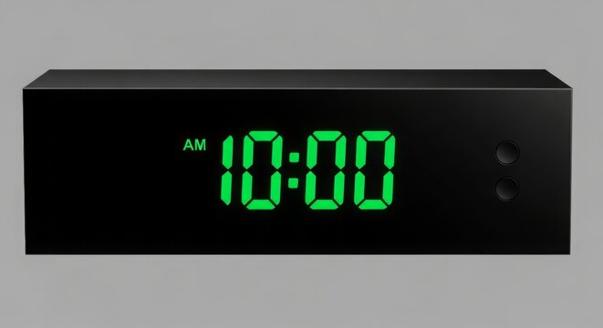 A digital clock displaying ten o'clock am with a black rectangular case on a neutral background