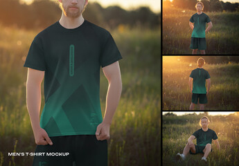 4 Mockups of Men's T-shirts and Shorts at Dawn
