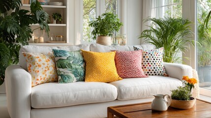 Bright and Airy Living Room Interior with White Sofa, Colorful Pillows, Green Plants, and Natural Light, Modern Home Decor