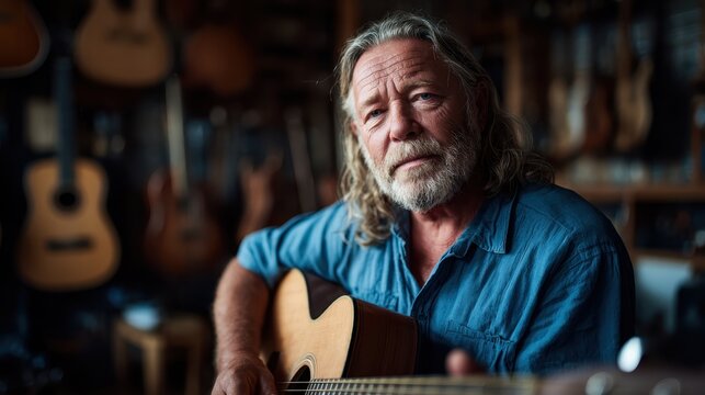 An experienced musician with long hair gently strumming an acoustic guitar in a cozy workshop filled with instruments, radiating a warm, inviting atmosphere of creativity and passion.