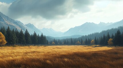 Scenic landscape showing a meadow with golden grass, surrounded by pine forest and mountains, under a cloudy sky