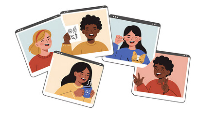 Diverse Young People in Virtual Video Call Meeting for Online Learning, Remote Friendship, and Social Connection