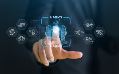 Ai agent system, future of AI automation in enterprise, people with artificial intelligence innovation, data analytics and development, smart technology, digital transformation and business automation