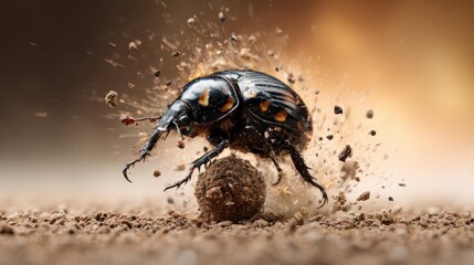 A stunning macro shot of a beetle dynamically kicking up dust, capturing motion and energy, set against a blurred background of vibrant colors and abstract elements.