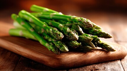 A vibrant bunch of fresh green asparagus lies elegantly on a wooden cutting board, showcasing its delicate tips and natural shiny surface, perfect for cooking and healthy eating.