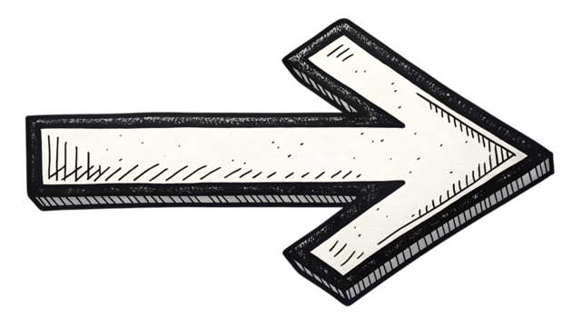 Hand drawn white right arrow with sketchy outline on black background