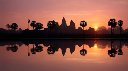Obraz premium Stunning Sunrise Over Angkor Wat with Reflection in Water and Silhouette of Palm Trees, Creating a Tranquil and Serene Landscape in Cambodia