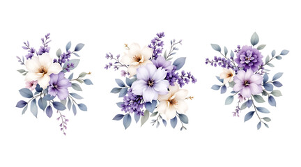 Lavender and white floral bouquets, watercolor style, isolated on transparent background.

