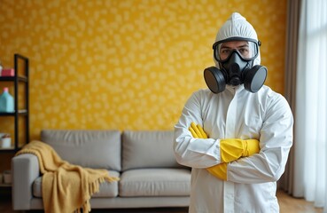 Pest control pro in full protective suit, respirator stands in living room, ready for extermination. Expert prepared for indoor hygiene, health, safety, environmental treatment services. Specialist