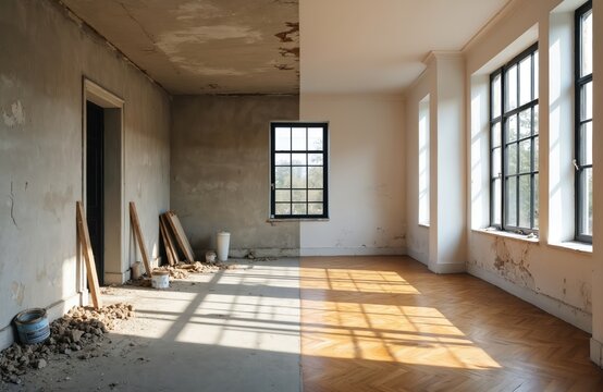 Side-by-side comparison of room renovation, showing damaged walls, ceiling transformed into modern, bright space with new windows, herringbone flooring. Contrast highlights construction progress,