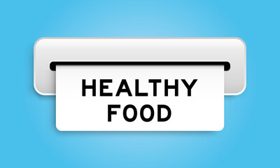 White coupon banner with word healthy food from machine on blue color background