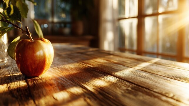 This striking image features a single, glossy red apple sitting elegantly on a rustic wooden table, bathed in warm sunlight, symbolizing simplicity and natural beauty.