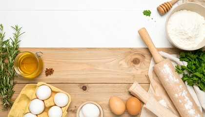 Rustic wooden background with an array of fresh baking ingredients and essential kitchen tools, perfectly arranged for preparing homemade culinary delights and delicious recipes