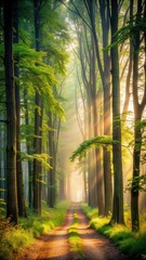 Naklejka premium misty forest path winding through tall trees during early morning light