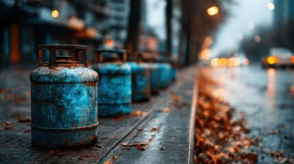 A haunting image of rusted gas cylinders lined along wet urban streets on a rainy day, capturing a moment of decay and a story left within the abandoned setting of city life.