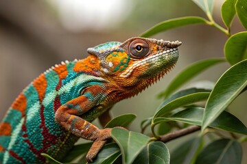 Obraz premium A colorful chameleon perched on a leafy branch in a natural outdoor setting