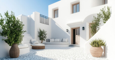 Serene White Courtyard With Lush Greenery And Comfortable Outdoor Seating