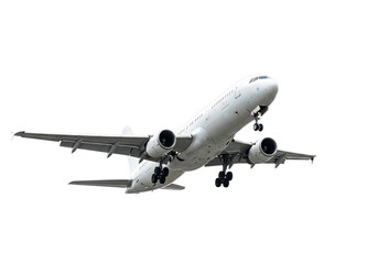 Modern commercial jet airplane taking off with landing gear extended isolated on transparent background