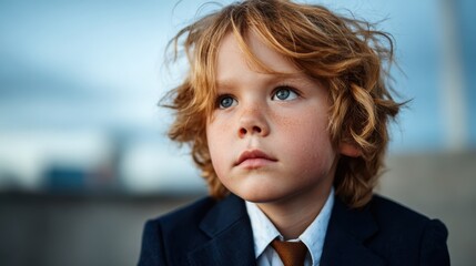 A young boy with curly red hair dressed in a suit gazes seriously into the distance, embodying maturity and poise, portraying a moment of reflection at a significant occasion.