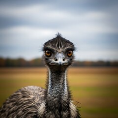 Close-up of an emu's curious face.