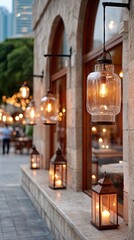 Glowing Ramadan Lanterns Illuminate a Stone Building at Night