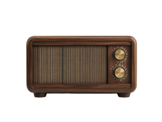 Vintage wood radio with dual knobs and woven speaker grill