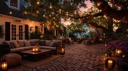 Cozy Outdoor Patio with String Lights and Comfortable Seating at Dusk, Backyard Living Space with Brick Pavers and Ambient Lighting