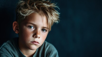 A close-up portrait of a contemplative young boy, showcasing his freckled face and expressive eyes against a dark background, capturing a deep sense of emotion and curiosity.