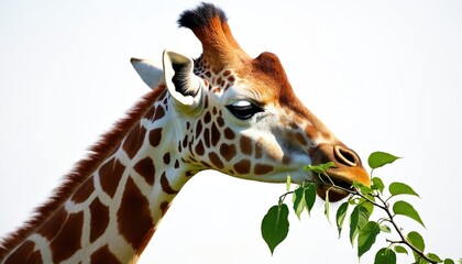 Obraz premium Giraffe eating green leaves from tree branch. Close-up of tall mammal with distinctive brown spots on its neck and head. Isolated on plain white background. Natural habitat, African wildlife.