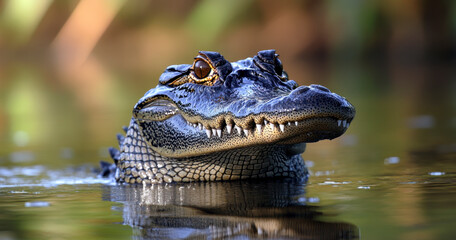 Obraz premium Close Up Of An Alligator Emerging From Green Water With Soft Background Bokeh