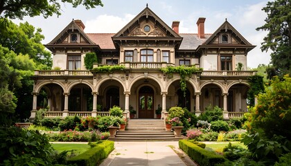 Fototapeta premium A grand, ornate Victorian-style house with a meticulously maintained garden and lush landscaping.
