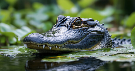 Obraz premium Close up of an American alligator's head emerging from lily pads in murky water