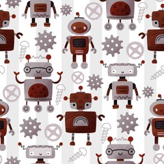 Cotton fabric Seamless pattern with cute cartoon robots in retro and futuristic style with gears screws and smiling characters perfect for kids textile wallpaper and playful mechanical themed projects