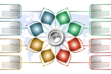 Colorful 8 step infographic in flower petal layout with world map background and text space.