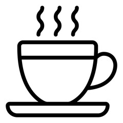 Flat coffee cup icon with saucer and rising steam, suitable for UI, branding, or web design.