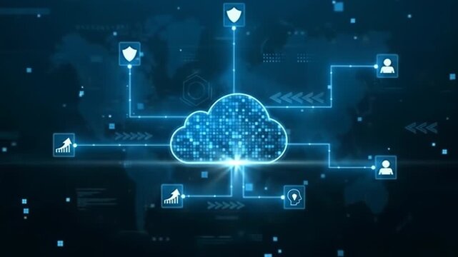 Abstract graphic of a secure cloud network.  Various interconnected icons representing security, users, data growth, and intelligence.  Dark blue background with light blue network elements - Powered by Adobe