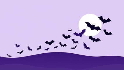 Minimalist Halloween Vector Illustration with Flying Bats, Crescent Moon, and Rolling Hills