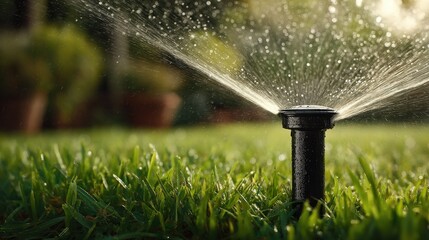 Automatic Sprinkler System Watering Green Lawn, Close-up of Irrigation Head Spraying Water, Lush Grass, Garden Maintenance, Summer Season