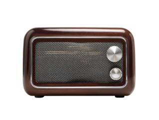 Retro style wooden radio with silver dials and mesh speaker grill