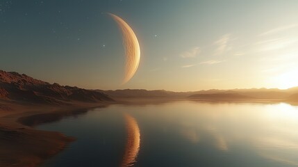 Extraterrestrial Landscape with Large Planet, Starry Sky, and Reflective Water