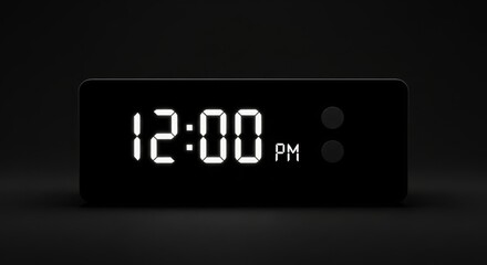 A digital clock displaying twelve pm on a black surface with two buttons on the right side of it