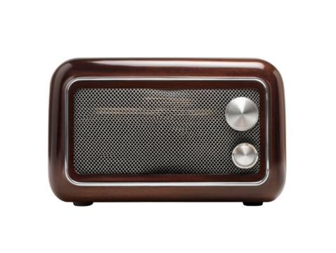 Retro style wooden radio with silver dials and mesh speaker grill