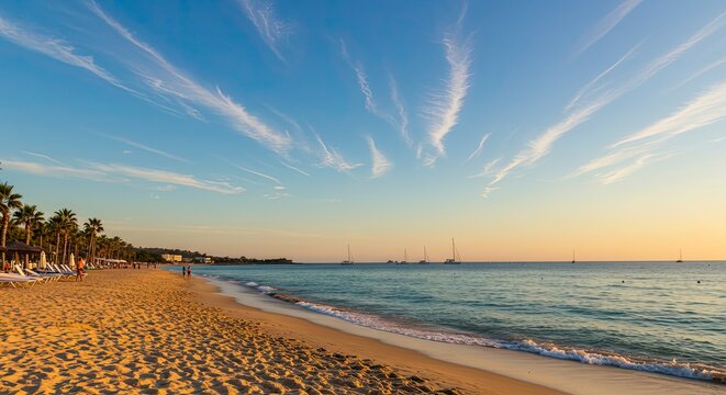 Serene Beachscape at Sunset with Striking Cloud Formations and Distant Sailboats