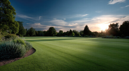 Wide open grassy plot, lush green lawn, landscaped garden, sunset sky, tranquil park, serene outdoor scene, peaceful nature
